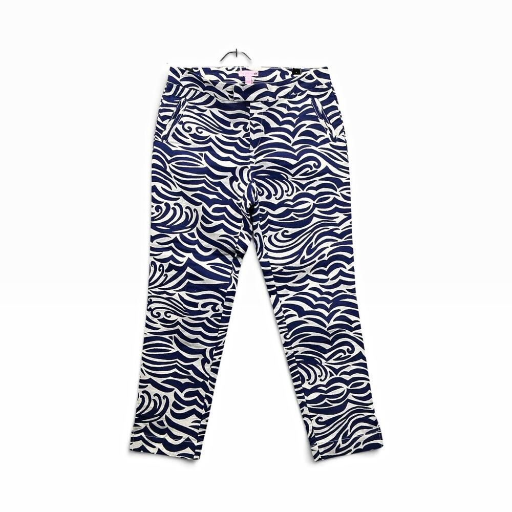 Lilly Pulitzer Abstract Print Skinny Pants Women's 6 Blue White Mid Rise Twill